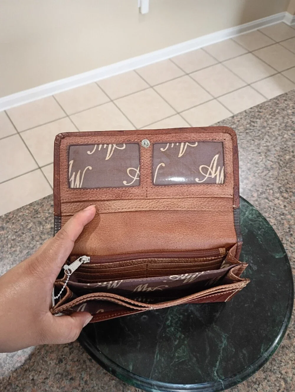American West Handcrafted Brown Leather Clutch with Red Rose Embroidery